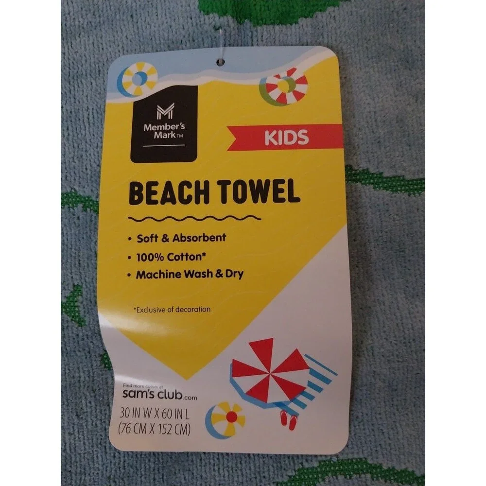 Member's Mark Kids Beach Towel Turtle Swim 30x60 in Green 100% Cotton Bath Towel
